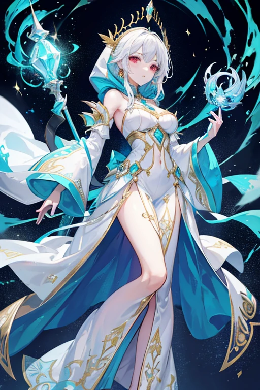 Hooded Cloak: The costume features a hood, adding an air of mystery and elegance. The hood is intricately decorated with gold filigree. Intricate Embroidery: The robe is adorned with silver, gold and turquoise embroidery that highlights the waist, shoulders, and chest areas. These designs give the costume a regal and magical appearance. Flowing Sleeves: The sleeves are wide and bell-shaped, contributing to the ethereal look. They are embellished with the same silver, gold and turquoise patterns as the rest of the outfit. Jewels and Gems: The costume is accented with glowing blue gems that are strategically placed on the chest, waist, and along the sleeves, giving the appearance of magical enhancements. Light and Shimmer: The fabric of the robe appears to be lightweight and shimmery, suggesting a magical or otherworldly material. Accessorized with a Scepter: The character holds a scepter-like object that matches the design of the outfit, further emphasizing the magical theme, full body, white hair, red eyes, medium sized breast.