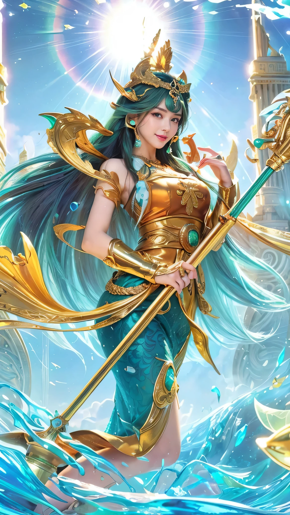 (8k, RAW photo, photorealistic:1.25) ,( lipgloss, eyelashes, gloss-face, glossy skin, best quality, ultra highres, depth of field, chromatic aberration, caustics, Broad lighting, natural shading, looking at viewer with a serene and goddess-like happiness, smile, 8k, very detailed, green eyes, close-up shot of a woman with a gun in her hand