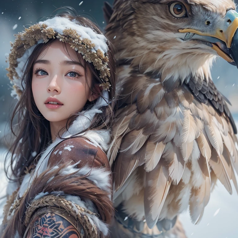 Hiding in the snowy mountains、Hair flow、 ((Highest quality、masterpiece、8K、Best image quality、Ultra-high resolution、Award-winning works)、(Accurate anatomy:1.1)、(Look at me and smile:1.1)、Shining fair skin with Ultra-high resolution、The most detailed face、Ultra-high resolution detailed face、Ultra-high resolutionの髪の毛、(Ultra-high resolutionの煌めく瞳:1.1)、Beautiful face drawn in every detail、(Blurred Background:1.1)、Ancient Inuit clothing, Chest to chest, tattoo, Old ruins in the background、Apart from the real giant eagle