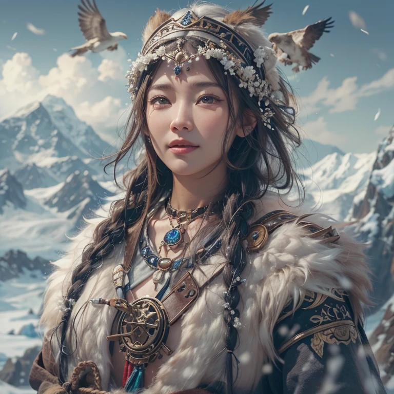 Hiding in the snowy mountains、Hair flow、 ((Highest quality、masterpiece、8K、Best image quality、Ultra-high resolution、Award-winning works)、(Accurate anatomy:1.1)、(Look at me and smile:1.1)、Shining fair skin with Ultra-high resolution、The most detailed face、Ultra-high resolution detailed face、Ultra-high resolutionの髪の毛、(Ultra-high resolutionの煌めく瞳:1.1)、Beautiful face drawn in every detail、(Blurred Background:1.1)、Ancient Inuit clothing, Chest to chest, tattoo, Old ruins in the background、Apart from the real giant eagle