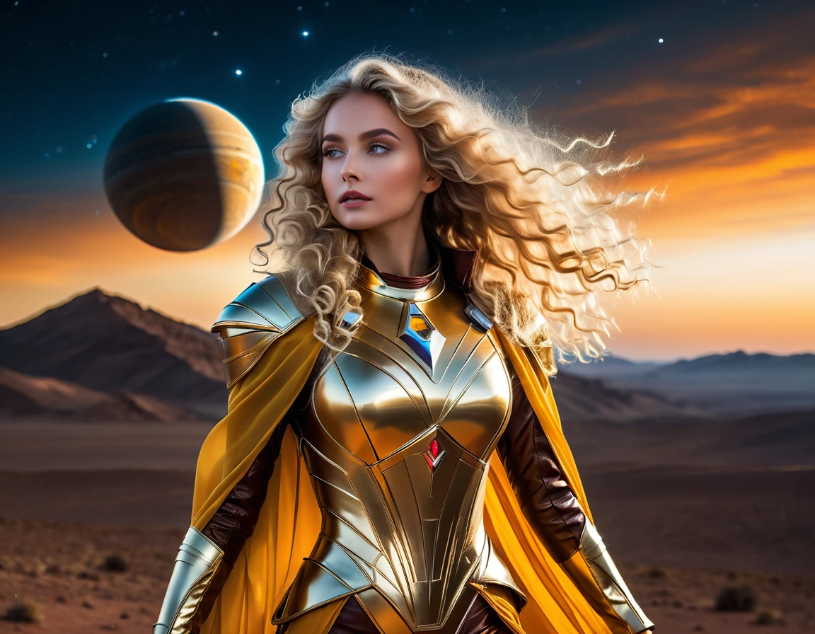 ((fantasy, masterpiece photography, 8K, high degree of detail)) magical atmosphere, mysterious and mysterious. A beautiful blonde with long curly hair in the wind in a magical pilot costume is walking on an uninhabited planet. The costume is made of golden fabric with lots of details, futuristic style. On this uninhabited planet, the sky is a spectacular sight: it is filled with bright colors reflecting the radiance of unusual satellites. These satellites, majestic in size and shape, dot the sky with stars and create amazing landscapes. Spaceships float smoothly between them, leaving behind traces of light and flickering reflections. Their strange shapes and technological design contrast with the beauty and tranquility of this planet, giving it a mysterious and mystical charm. Travelers flying by stop to admire this amazing sight and soak up the magic of this cosmic world.