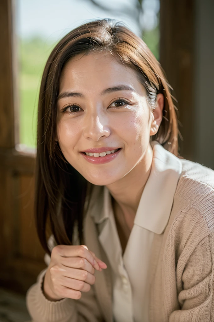 (8K、RAWE Photo、Highest quality、masterpiece:1.2)、(Real、Photorealistic:1.37)、Super detailed、Ultra-high resolution、1 girl、Beautiful detailed face、(Feather Cut: 0.6)、Professional Lighting、The lighting is bright、actress、model、Japanese、Full body、Wide-angle shot、Daytime、bright、 simple background ,Simple Background、Model posing, full body , cowboy shot ,40-year-old woman、Mature Woman、smile、Left arm slightly raised、