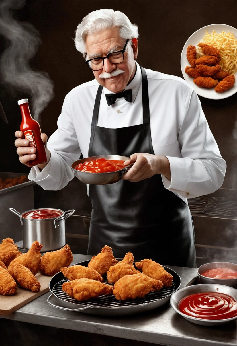 a photo illustration of Colonel Sanders working in fried chicken food street vending chart, frying chicken, fry pan and stove, a bunch of ketchup bottle, hyper realistic, super detailed, best quality