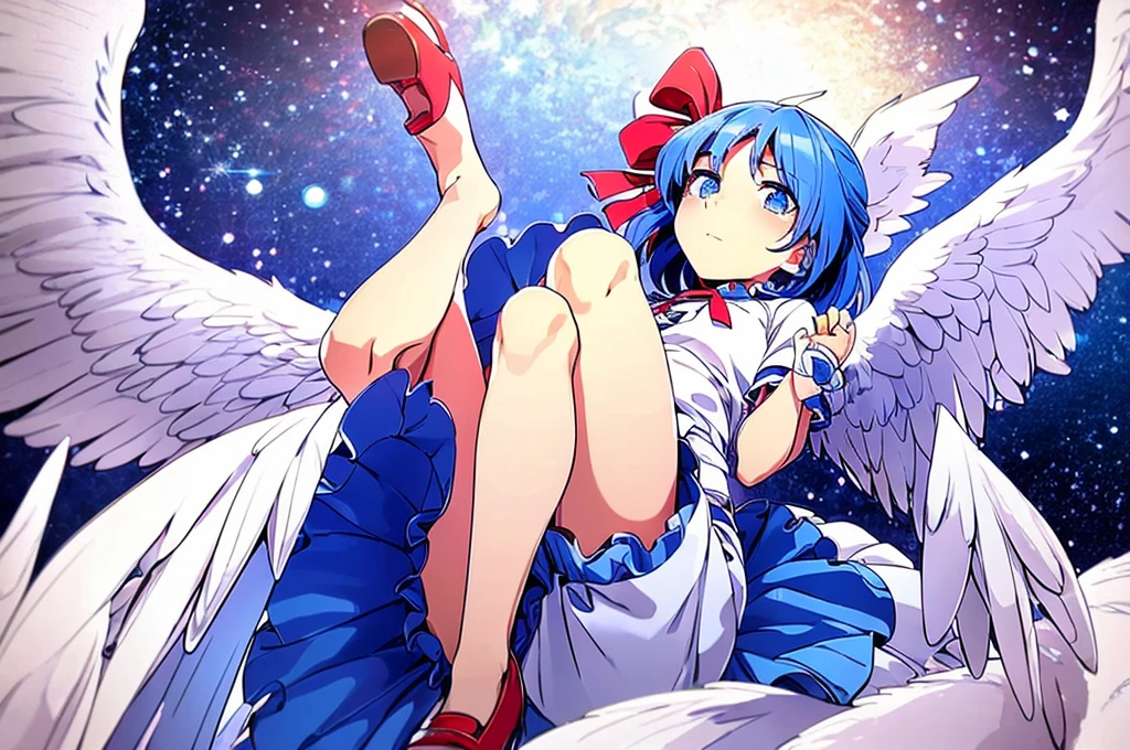 (best quality,4k,8k,highres,masterpiece:1.2), ultra-detailed, highly detailed texture, intricate details, A cute age angel with blue eyes, drawn in anime style, 1girl, , , 10 ydium blue hair, hair flaps, pink ribbon on head, well-formed face, blue eyes, angel girl, white blouse, puffy short sleeves, red ribbon, angel wings, long white skirt, red shoes, frills, ribbon head, A pair of angel wings on the back