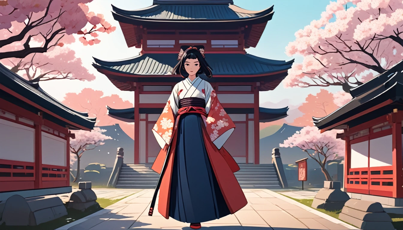 Female Samurai,Background is cherry blossoms and a Japanese temple、 Wide-angle lens, Lofi Anime, Lofi illustration, Aesthetic atmosphere, Lo-Fi Style, Vector art, Flat Design, Simple shape, Warm tones, Pleasant atmosphere, Chill, In anime style, Digital drawing, Vector art, Vector logo for t-shirt printing, (Adorable:1.5), (small:1.4), (Playful:1.2), (soft:1.3), (Whimsical:1.1), masterpiece, Highest quality, 8K, Intricate details, grow, Celestial, Mysterious, Picturesque, amazing, Majestic, Magic, Fantasy art, Cover art, dream-like