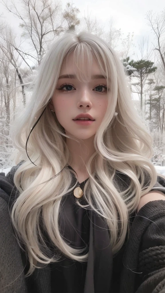 a closeup of a person with long blonde hair and a black sweater, perfect by white girl, long white hair and bangs, with long white hair, with long white hair, chica con by white, beautiful white hair, by white que fluye, Her hair is white, by white, by white largo y ondulado, cara bonita de by white, pale fur, messy wavy white hair