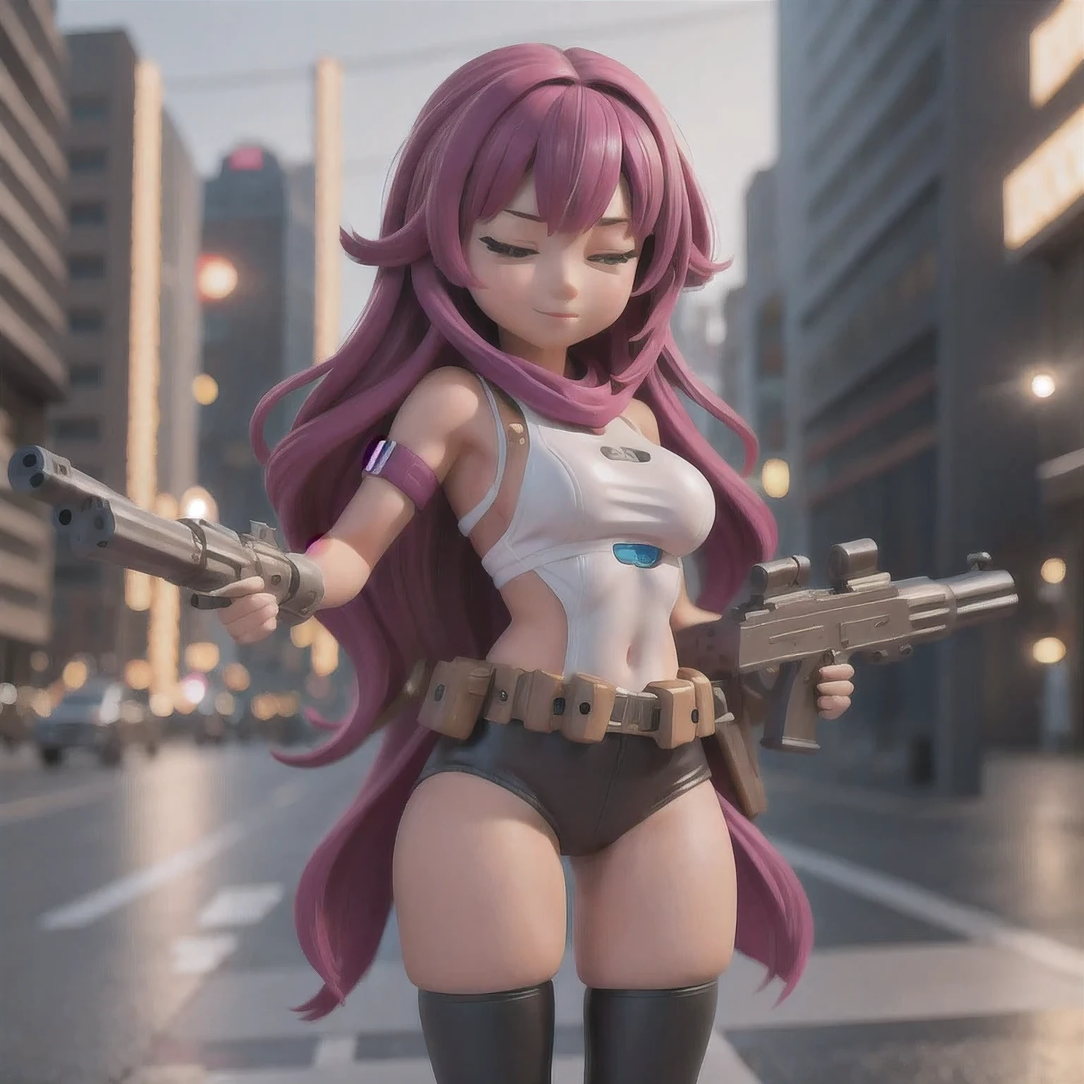 fish
1girl
bangs
blurry
blurry background
blurry foreground
breasts
brown eyes
closed mouth
depth of field
gun
long hair
looking at viewer
mecha
mole
motion blur
multicolored hair
pink hair
smile
solo
thigh strap