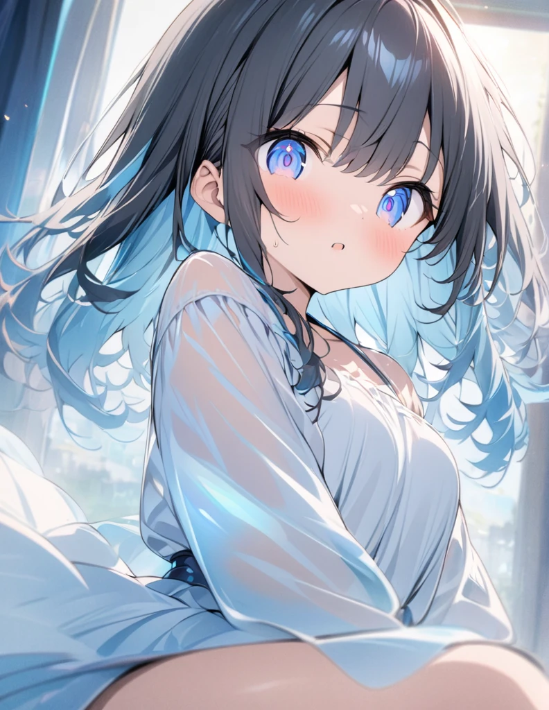 (masterpiece:1.2),(anime),Blue World、Glass-like transparency、One Girl、cute、White dress with blue accents、Light effects