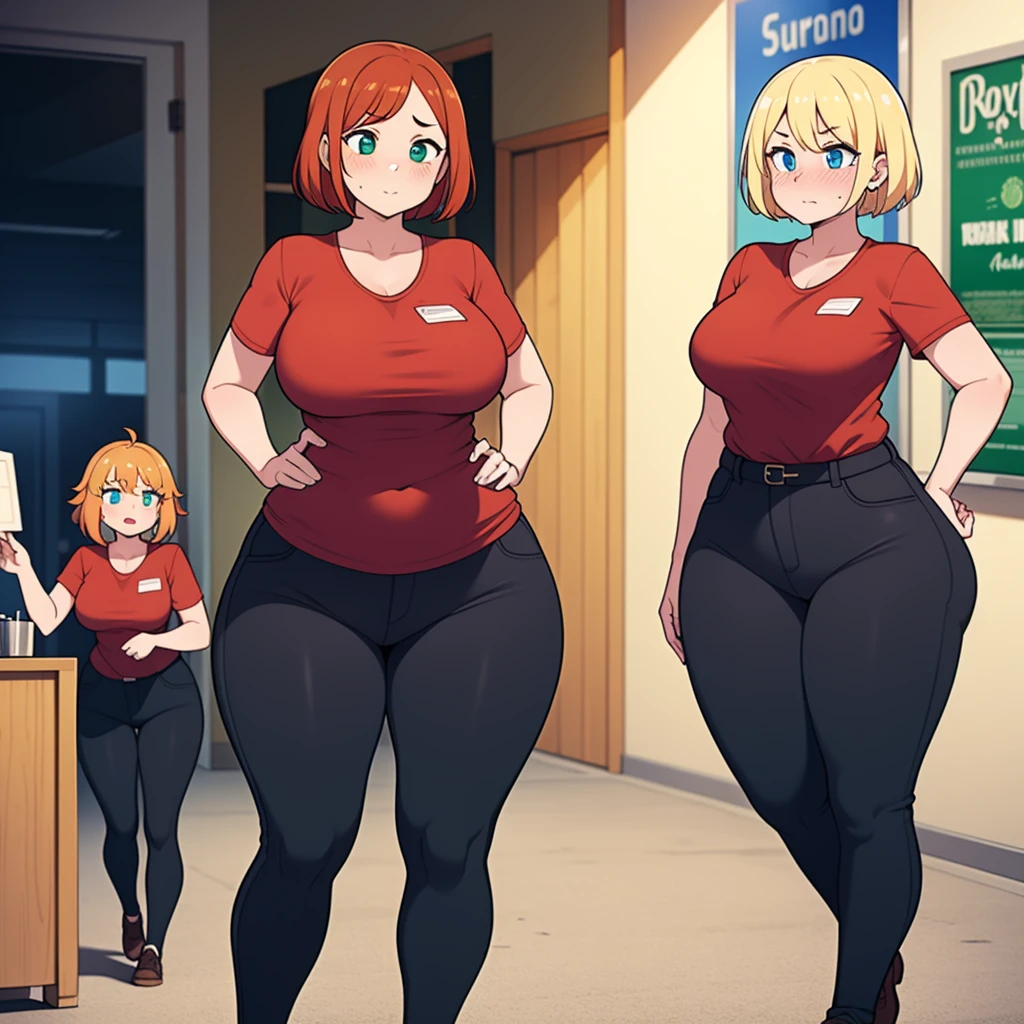 ((highres)), Masterpiece, high quality, best quality, beautiful, perfect lighting, detailed face, ultra cute face, ((2girls)), ((blush)), one girl has blonde hair, blue eyes, red shirt, black pants, work uniform, one girl has orange hair, green eyes, red shirt, black pants, work uniform ,tight clothes, super market, medium breasts, perky breasts, wide hips, (thick thighs), plump, standing next to each other,