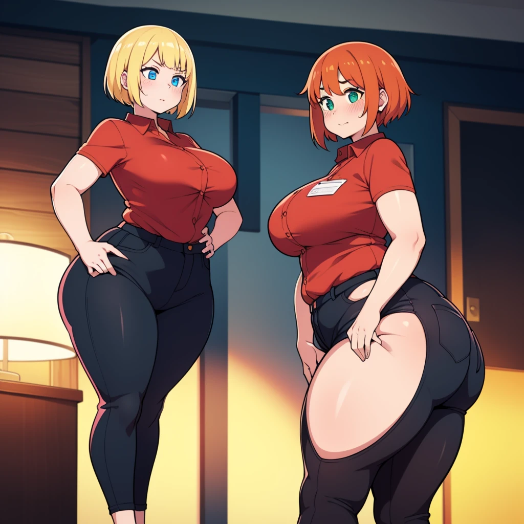 ((highres)), Masterpiece, high quality, best quality, beautiful, perfect lighting, detailed face, ultra cute face, ((2girls)), ((blush)), one girl has blonde hair, blue eyes, red shirt, black pants, work uniform, one girl has orange hair, green eyes, red shirt, black pants, work uniform ,tight clothes, super market, , perky , wide , (thick thighs), plump, standing next to each other, 