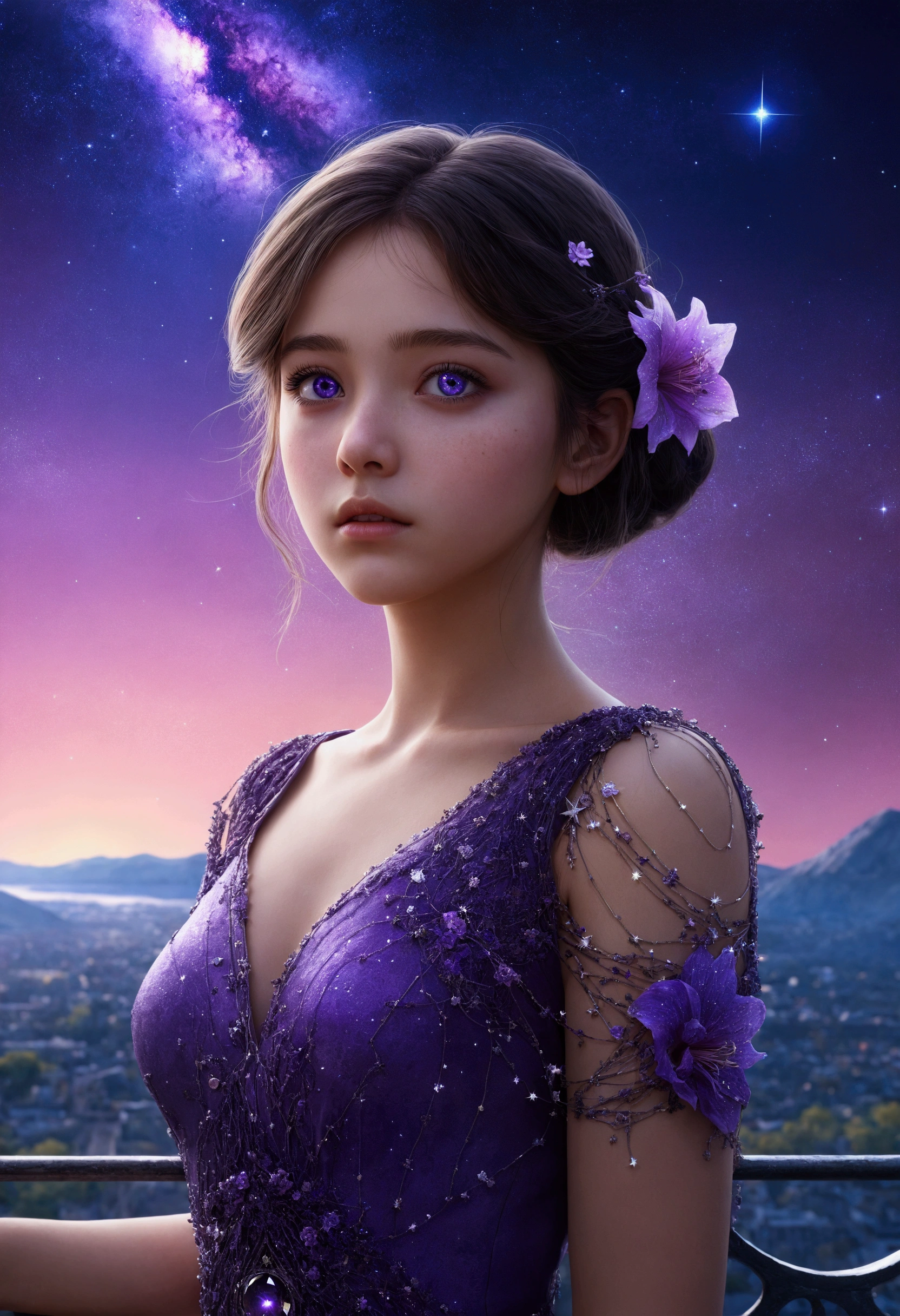 Masterpiece, Best Quality, ultra detailed, illustration, , , 1 girl,Alone, image body, flower, looking at the viewer, , , purple eyes, Eyes like jewels, Extremely detailed eyes, extremely detailed face,, , Star (sky), constellation, purple energy, railing, meteor
