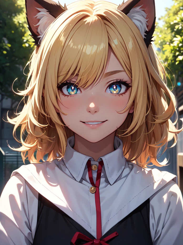 hair over shoulder, wavy hair, hair strand, shiny hair, blonde hair, eye reflection, glowing eyes, slit pupils, amber eyes, cat ears, smile, blush, glint, happy, anime, anime style, En plein air, high detail, cinematic lighting, ray tracing, reflection light, masterpiece, accurate, anatomically correct, super detail, high details, high quality, best quality, highres, 4K