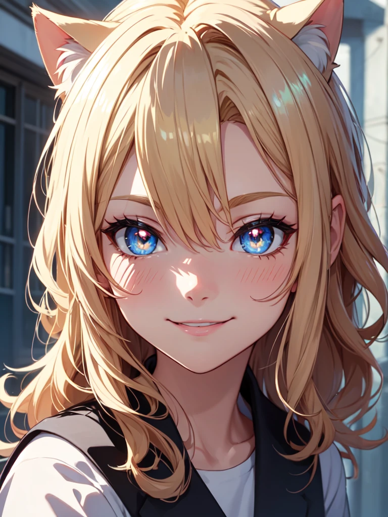 hair over shoulder, wavy hair, hair strand, shiny hair, blonde hair, eye reflection, glowing eyes, slit pupils, amber eyes, cat ears, smile, blush, glint, happy, anime, anime style, En plein air, high detail, cinematic lighting, ray tracing, reflection light, masterpiece, accurate, anatomically correct, super detail, high details, high quality, best quality, highres, 4K