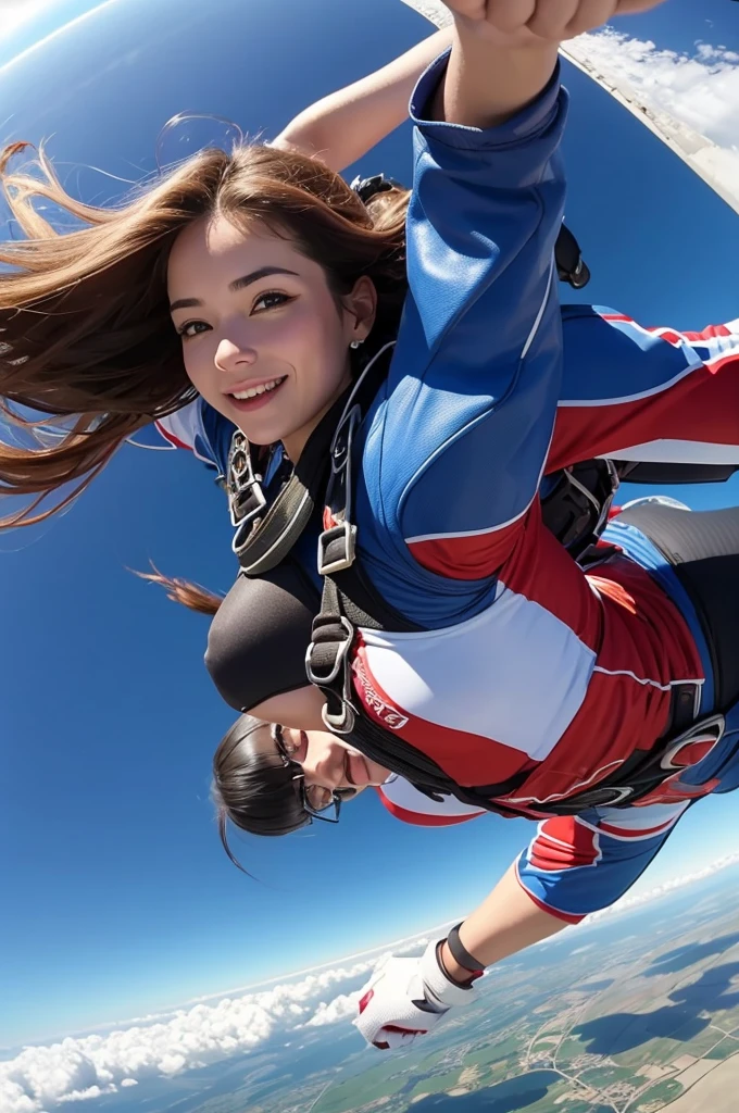 a woman with long hair, skydiving with a dog
