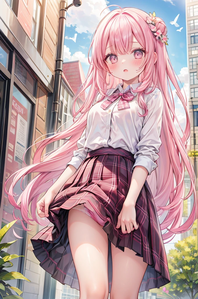 masterpiece, best quality,
1girl, view from below,
(the plaid skirt fluttering:1.3), summer , pink panties, pink hair, surprised face, blush,
downtown area,