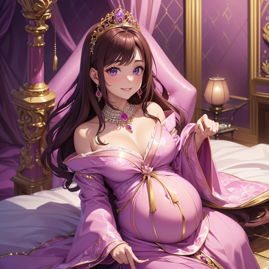 (((Highest quality, Flying debris, Ultra-high resolution、The most complex and detailed depiction、Awards, 8K、Bright and vivid)))、((1. Japanese Princess,pregnancy,Ultimate luxury with everything you can imagine,The most gorgeous purple and pink outfit,Purple and deep pink outfit,超巨大なThroneに座る,The most exquisite and luxurious luxury princess room,Shining in Complexity,Purple and deep pink glow、Beautiful brown hair、Front fixed,The best smile looking at the camera,Please laugh out loud,Smile kindly at me,Shot from close to the face)),((最もゴージャスなThrone、High-end Purple and deep pink outfits、A large amount of jewelry decoration,The world's largest giant tiara,Jewelry made with attention to detail,Detailed decoration,Glitter costumes,Shining Jewels、Huge decoration,Giant Costume,Big sleeves,Artistic decoration,Very detailed decoration,Very intricate decoration)),(Big and ample breasts,Familiar,Royal, Majestic, Queen, Queen quality,Tabletop, Intricate details,Realistic,, Front close-up, Throne, upright posture, Familiar顔,Perfect Teeth,White teeth,finely描かれた顔,Beautiful Face,Perfect Fingers,Just five fingers,High-quality RAW color photos, Professional photos, Very delicate and beautiful, Very detailed,finely)), (Huge and luxurious seats:1.2),fluffy