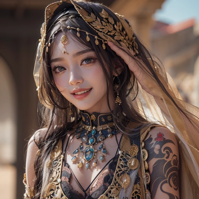 (Best quality), (Masterpiece), (1girl), beautiful girl, perfect face, perfect body, big breast, sexy, Hmong costume, headwear, stand, outdoor, sun light, morning light, messy hair, smile