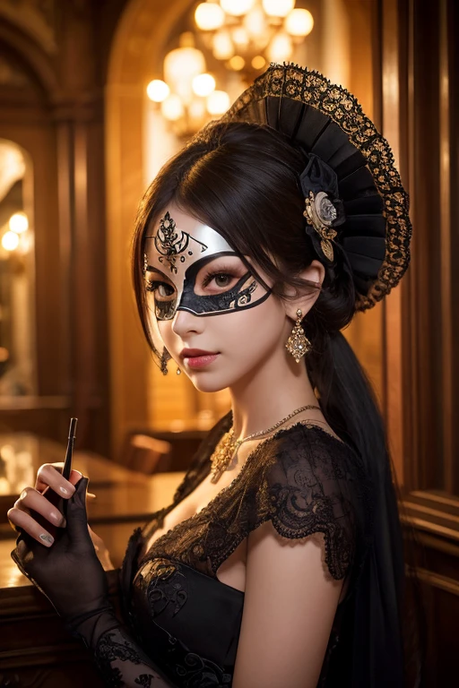 Create a full-body photo of a woman at a secret masquerade party. She is wearing an intricate Venetian mask and an elaborate costume, exuding elegance and mystery. Focus on her sophisticated appearance, highlighting her beautifully detailed eyes and lips. Ensure her face and features are meticulously detailed, with a complex mask design. The scene is set inside a bar with a modern interior and red lighting, creating a moody and enigmatic atmosphere. Use dramatic chiaroscuro lighting with rich shadows to enhance the cinematic quality. The lighting should be dim to emphasize the secretive feel. Ensure the image is of the highest quality, with 4k, 8k resolution, and a masterpiece level of detail. The style should be ultra-detailed, realistic, and photorealistic, with a rich, refined, and captivating color palette. Exclude any cold masks or mouth masks from the design.