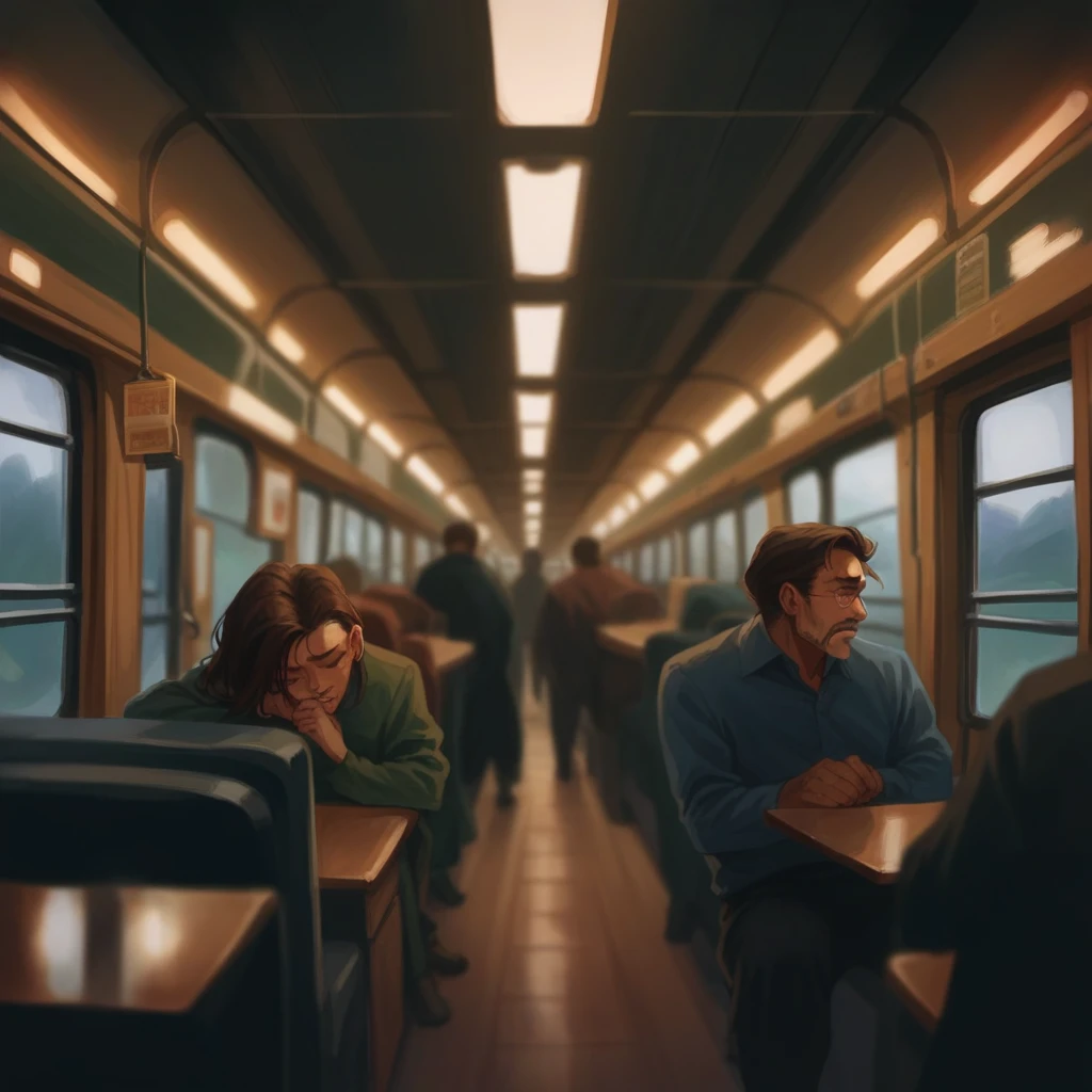 A scene inside an old 1950s wooden movie style train