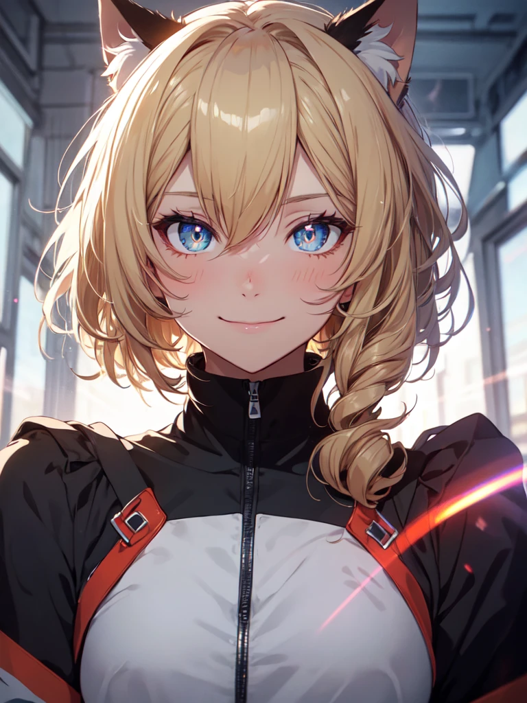 hair over shoulder, wavy hair, hair strand, shiny hair, blonde hair, eye reflection, glowing eyes, slit pupils, amber eyes, cat ears, smile, blush, glint, happy, anime, anime style, En plein air, high detail, cinematic lighting, ray tracing, reflection light, masterpiece, accurate, anatomically correct, super detail, high details, high quality, best quality, highres, 4K