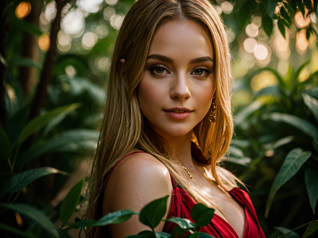 A beautiful, taylor swiftelegant young woman with long blonde hair, piercing blue eyes, and a warm, radiant expression, wearing a stunning red dress, standing in a lush, verdant garden at golden hour, (best quality,4k,8k,highres,masterpiece:1.2),ultra-detailed,(realistic,photorealistic,photo-realistic:1.37),HDR,UHD,studio lighting,ultra-fine painting,sharp focus,physically-based rendering,extreme detail description,professional,vivid colors,bokeh,portraiture,fashion photography
