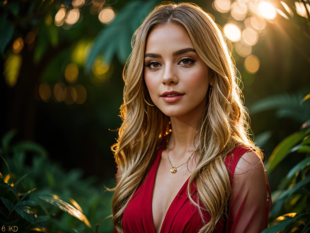 A beautiful, taylor swiftelegant young woman with long blonde hair, piercing blue eyes, and a warm, radiant expression, wearing a stunning red dress, standing in a lush, verdant garden at golden hour, (best quality,4k,8k,highres,masterpiece:1.2),ultra-detailed,(realistic,photorealistic,photo-realistic:1.37),HDR,UHD,studio lighting,ultra-fine painting,sharp focus,physically-based rendering,extreme detail description,professional,vivid colors,bokeh,portraiture,fashion photography