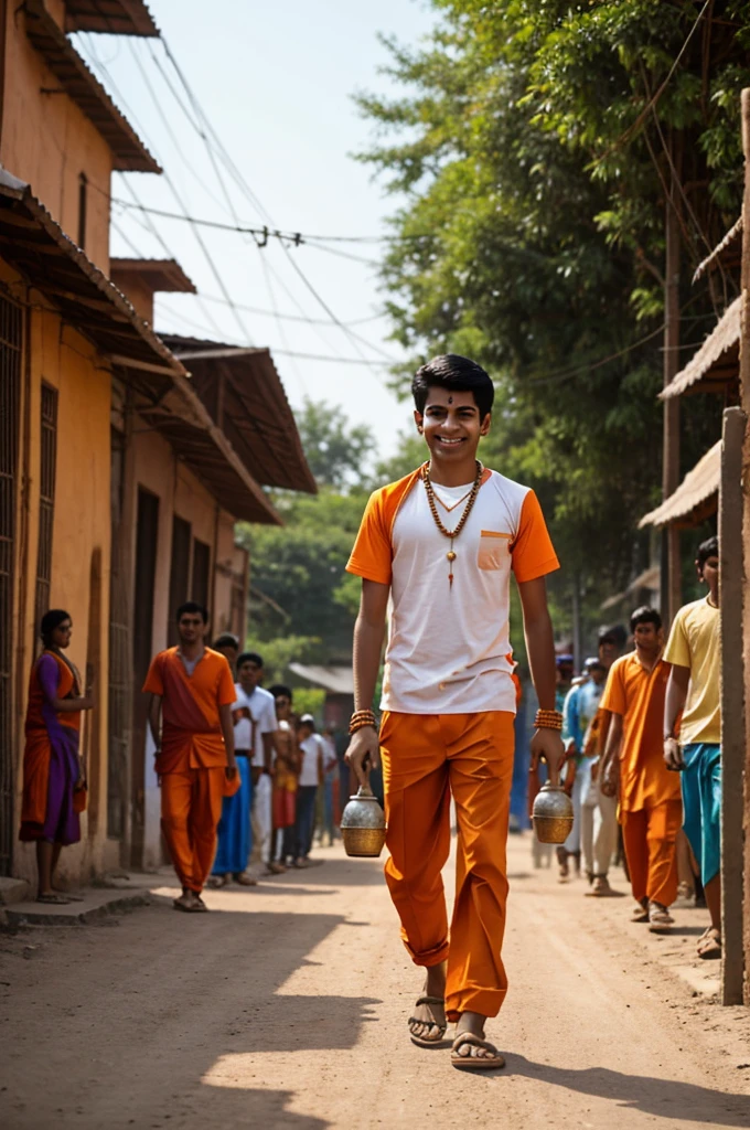 A real Indian 16 year old boy wearing an orange t-shirt and pants with “Pawan” written on it in bold letters is walking on the road with two copper pots hanging from a colorful wooden pole and catch in his hand. He is wearing a pearl necklace and has a teeka on his forehead. Surrounded by other people dressed in orange clothes, creating a vibrant and colorful scene. He looks very cute handsome, smiling, stylish hair and exudes a sense of devotion, 8k ultra quality image.