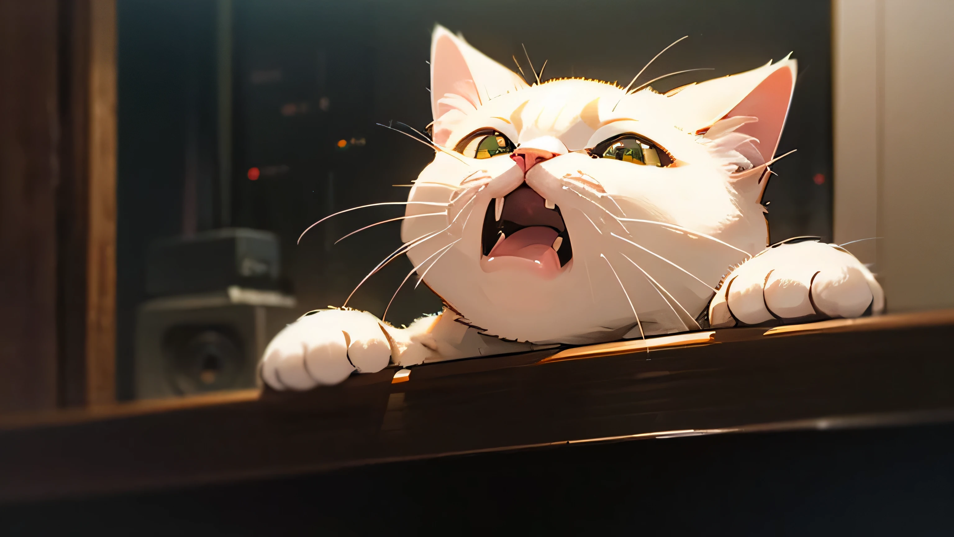 Room with speakers、、Realistic Cat、Upper body close-up、night、Yawn