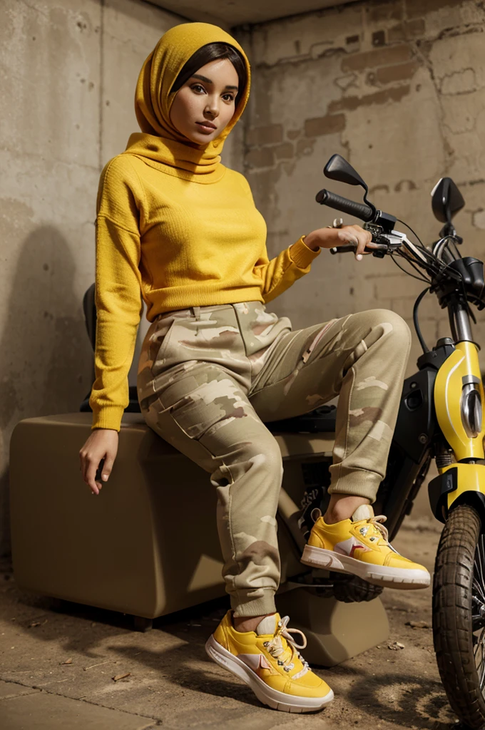 3D silicone cartoon, 3D miniature, a woman wearing a brown hijab, wearing a bright yellow sweater, camouflage trousers, sneakers, sitting on a red Scoopy injection automatic motorbike, realistic, detailed, ultra HD, 3k