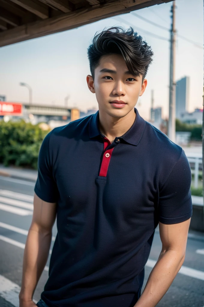 ((realistic daylight)) , Young Korean man in a navy blue polo shirt and jeans, A handsome, muscular young Asian man looks at the camera. In a simple t-shirt blue and red , roadside traffic ,((look sideways))