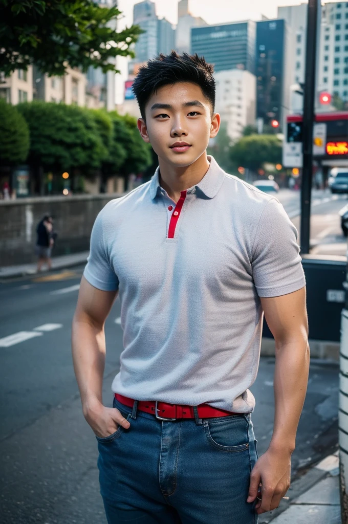((realistic daylight)) , Young Korean man in a navy blue polo shirt and jeans, A handsome, muscular young Asian man looks at the camera. In a simple t-shirt blue and red , roadside traffic ,((look sideways))
