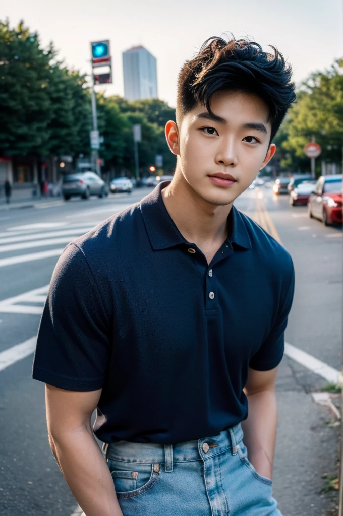 ((realistic daylight)) , Young Korean man in a navy blue polo shirt and jeans, A handsome, muscular young Asian man looks at the camera. In a simple t-shirt blue and red , roadside traffic ,((look sideways))