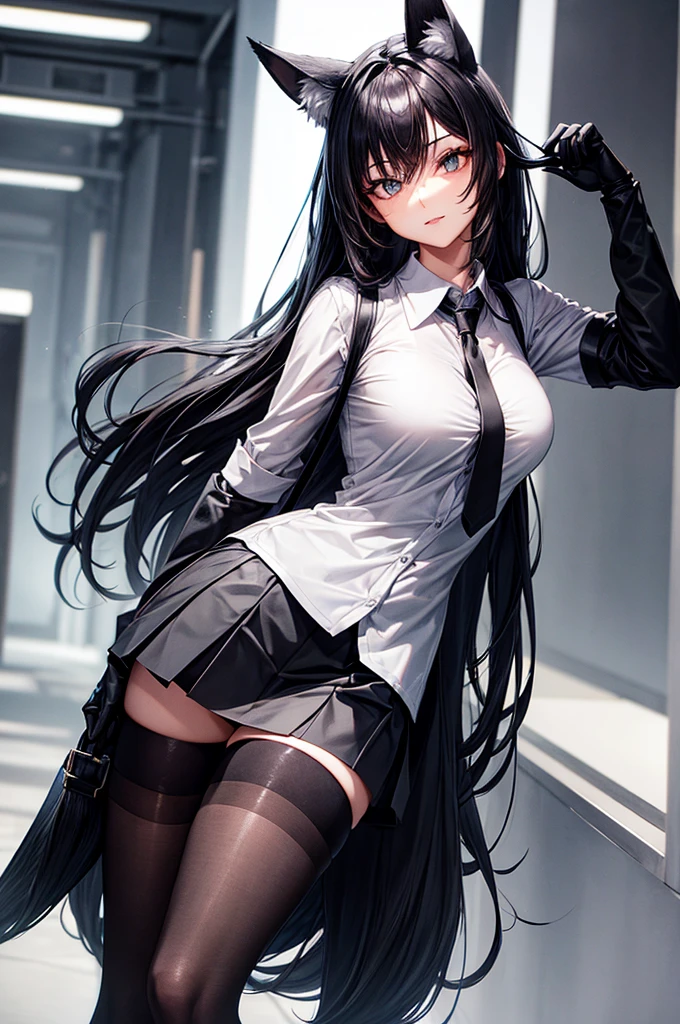 FrankaBase, long hair, fox tail, collared shirt, grey shirt, id card, black gloves, black skirt, black thigh highs, unique legwear, (flirty look)