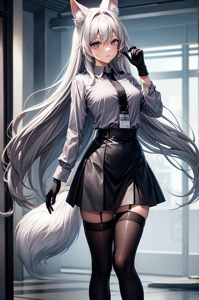 FrankaBase, long hair, fox tail, collared shirt, grey shirt, id card, black gloves, black skirt, black thigh highs, unique legwear, (flirty look)