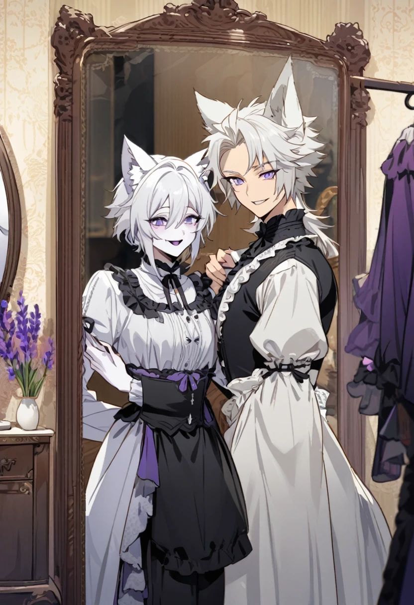 create panel in the art style of mo dao zu shi hybrid character with wolf ears,masculine and dominant gender, short wolfcut white hair , purple raven iris eyes,pale skin, wearing a Victorian era dress looking in a dressing room mirror with a cheerful smile 