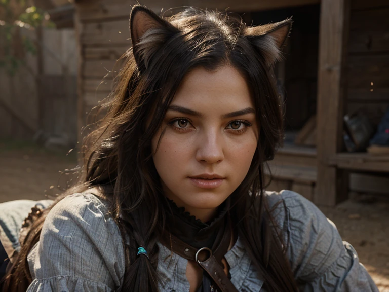 Hyper Realistic 1girl in Old West Clothing, Fantasy Art, Photorealistic, Dynamic Lighting, Artstation, Highly Detailed Face, 4K, Award Winning, cat ear, with sword