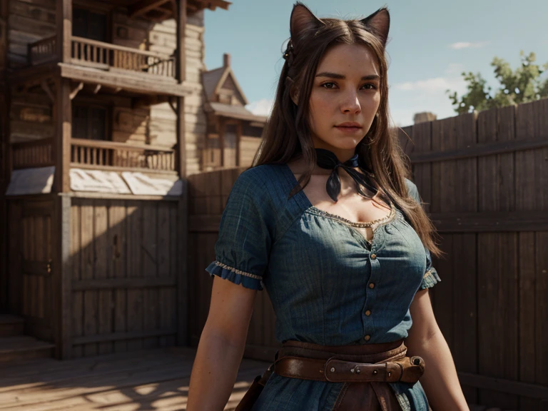 Hyper Realistic 1girl in Old West Clothing, Fantasy Art, Photorealistic, Dynamic Lighting, Artstation, Highly Detailed Face, 4K, Award Winning, cat ear, with sword