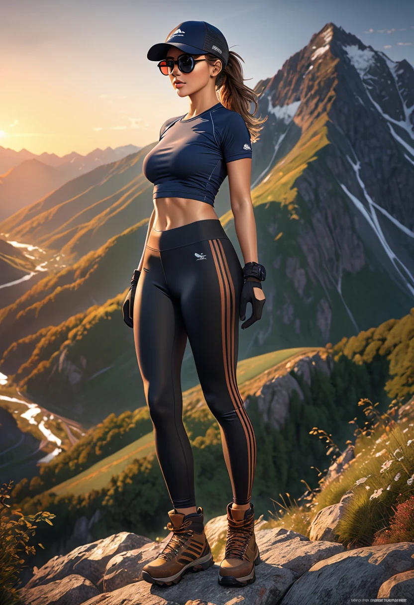 A sexy women, in a  Mountain scenery,  wearing (tight dark sport stripes leggings), (long tight t-shirt), hiking boots, gloves, sunglasses, baseball cap. Front view. Full body.  Perfect body, perfect hair, UHD, retina, masterpiece, accurate, anatomically correct, textured skin, super detail, high details, high quality, award winning, best quality, highres, 16k, 8k, sunset light. 