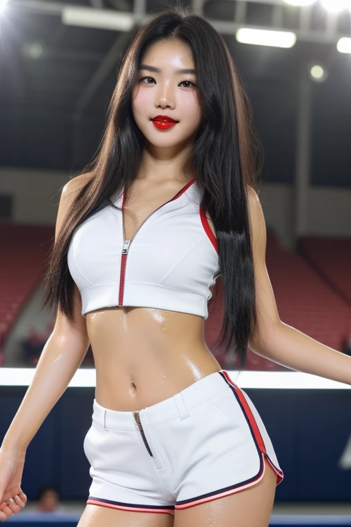 1 korean girl, strikingly beautiful, black hair, delicate facial features, porcelain skin, red lips,expressive eyes, ((perfect anatomy:1.2,realistic,:1.3,masterpiece、highest quality、Ultra - High resolution、High resolution、Highly detailed CG、8K)),cowboy shot, 20 year old beauty, smile,(black hair,long hair,forehead,center parted hair:1.2、straight hair),(gleaming skin,oily skin,shiny skin,sweat:1.4),(Cheerleader, Colorblock Zipper Sleeveless Exposed Navel Slim T-shirt Female Sling Splice Black Red Cotton、blue short pants)、Cheerleading,l dancing,Turn your body to the viewer、Audience seats、in the baseball arena、