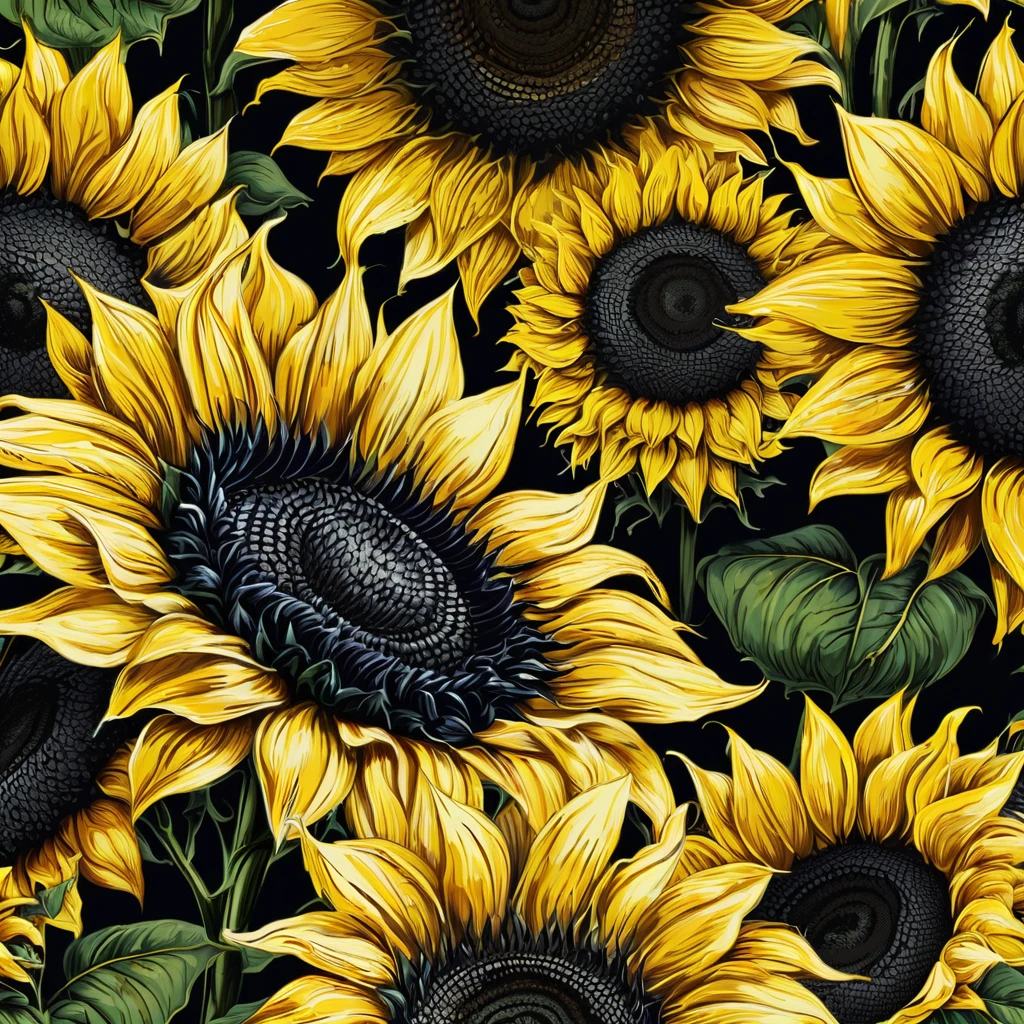 Seamless pattern with sunflowers on a black background royalty illustration, sunflower background, sunflowers in the background, Seamless pattern design, sunflowers, Dark floral wallpaper, sunflower花, color: yellow sunflowers, color : yellow sunflowers, Repeating pattern. Seamless, sunflower, Seamless texture, crystallic sunflowers,  Seamless pattern