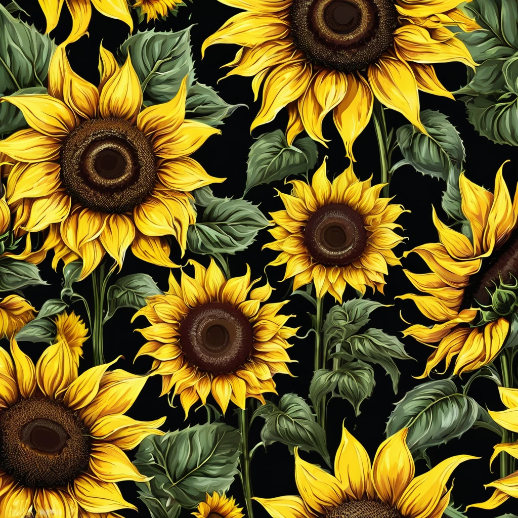 Seamless pattern with sunflowers on a black background royalty illustration, sunflower background, sunflowers in the background, Seamless pattern design, sunflowers, Dark floral wallpaper, sunflower花, color: yellow sunflowers, color : yellow sunflowers, Repeating pattern. Seamless, sunflower, Seamless texture, crystallic sunflowers,  Seamless pattern