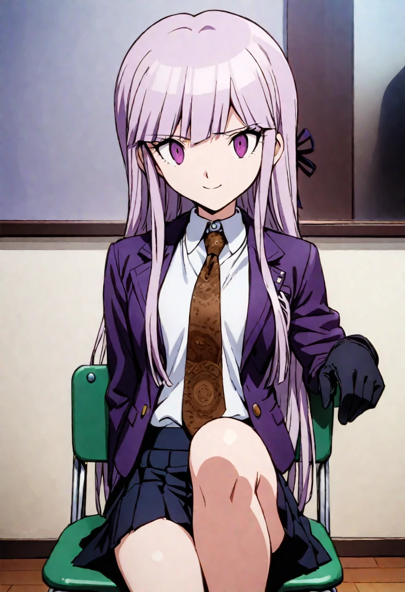 ((masterpiece,High resolution,Highest quality,8K,Detailed faces and anatomy))
(****************,Danganronpa,Kyouko Kirigiri,Purple Hair,Long Hair,Side braiding,Purple eyes,slender)(Black Ribbon,Black gloves,White collared shirt,Purple open jacket,Black pleated skirt,Brown tie,Printed necktie)smile,School,Close one eye,Sit on a chair