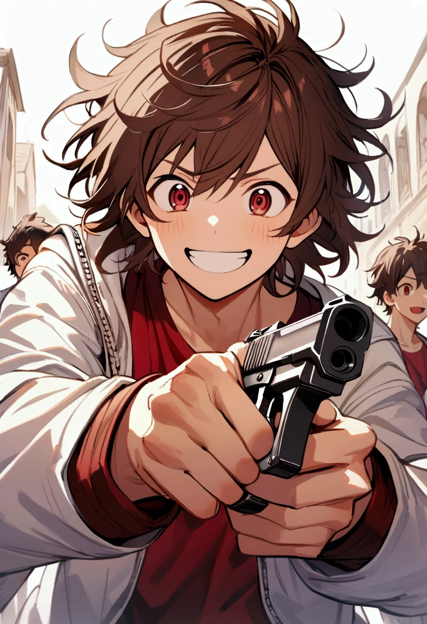 age boy, Messy hair, Medium length hair, dark brown hair, excited smile, eyes black, dark red shirt, wide white jacket with details, holding a pistol in each hand