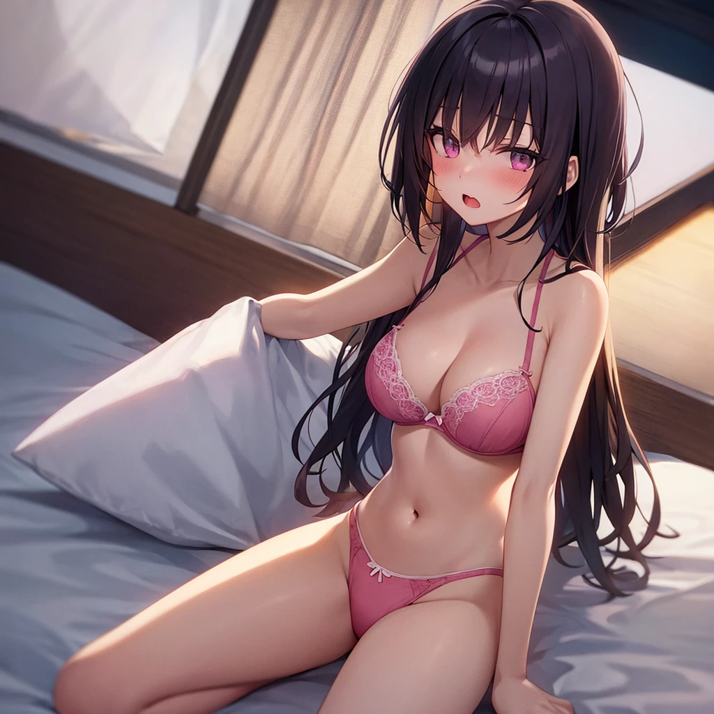full body,a anime girl sitting spread legs on the bed, 1girl,{topless:1.1},solo,navel, open mouth, looking at viewer,shirt, large breasts,blush,{embarrassed:1.5},{gal:1.5},front shot,pink bra,pink panties,front shot,center,black hair,medium breasts,light pink eyes