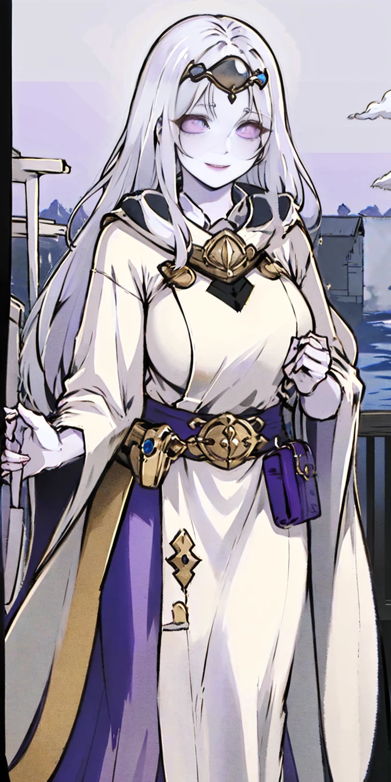 (Female chest covered)(smile) Gray skin, pale golden hair and violet eyes. She prefers clothing of white and silver with cloaks of deep blue or purple, village background, huge_knockers ((very precise detailed)) ((highres)