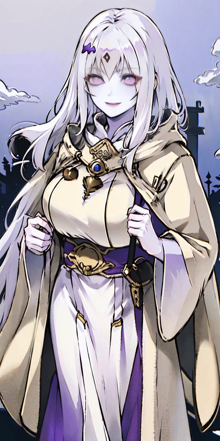 (Female chest covered)(smile) Gray skin, pale golden hair and violet eyes. She prefers clothing of white and silver with cloaks of deep blue or purple, village background, huge_knockers ((very precise detailed)) ((highres)