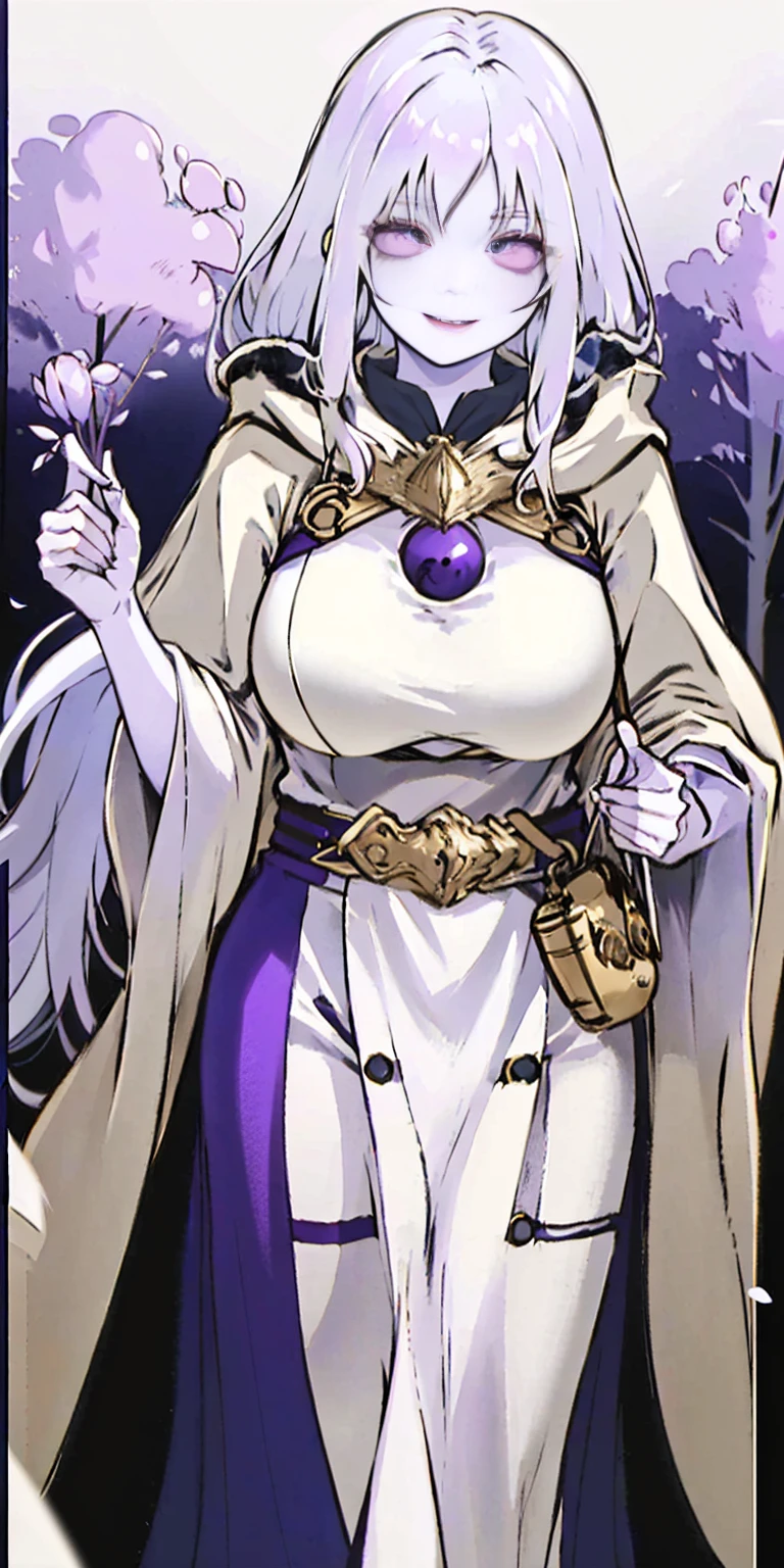 (Female chest covered)(smile) Gray skin, pale golden hair and violet eyes. She prefers clothing of white and silver with cloaks of deep blue or purple, village background, huge_knockers ((very precise detailed)) ((highres)