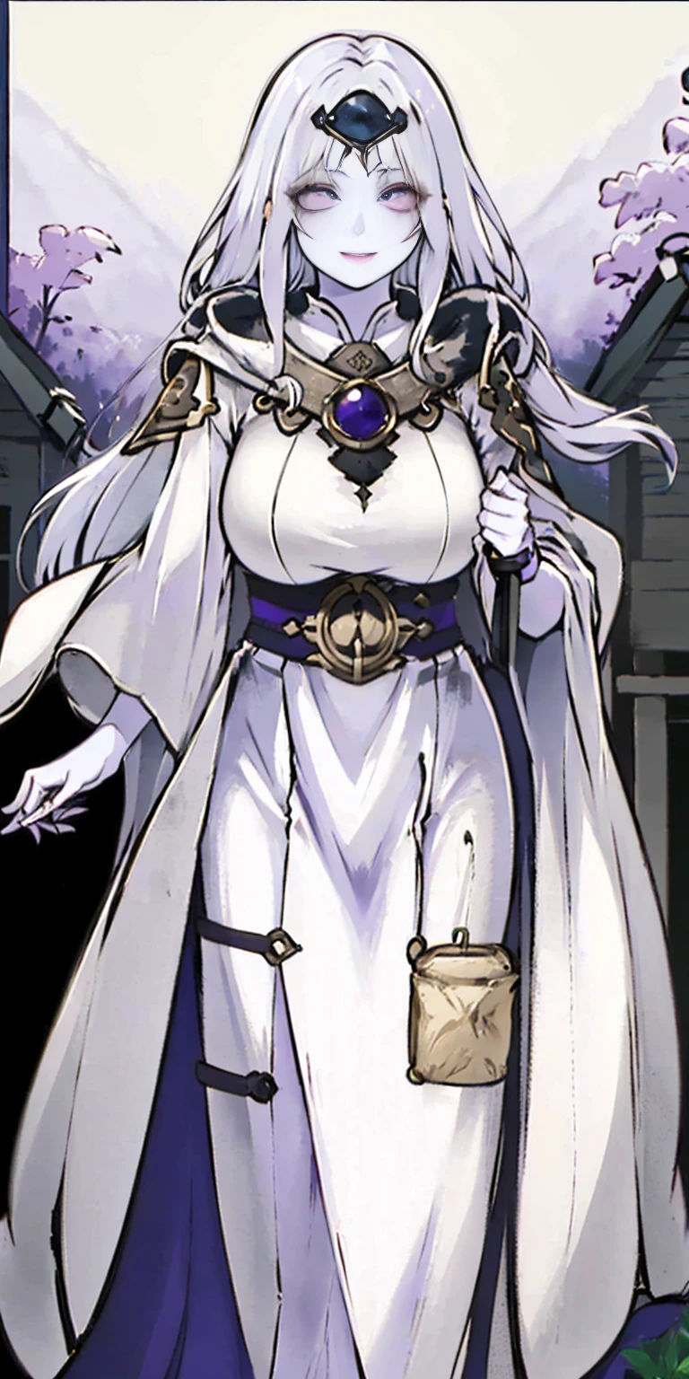 (Female chest covered)(smile) Gray skin, pale golden hair and violet eyes. She prefers clothing of white and silver with cloaks of deep blue or purple, village background, huge_knockers ((very precise detailed)) ((highres)