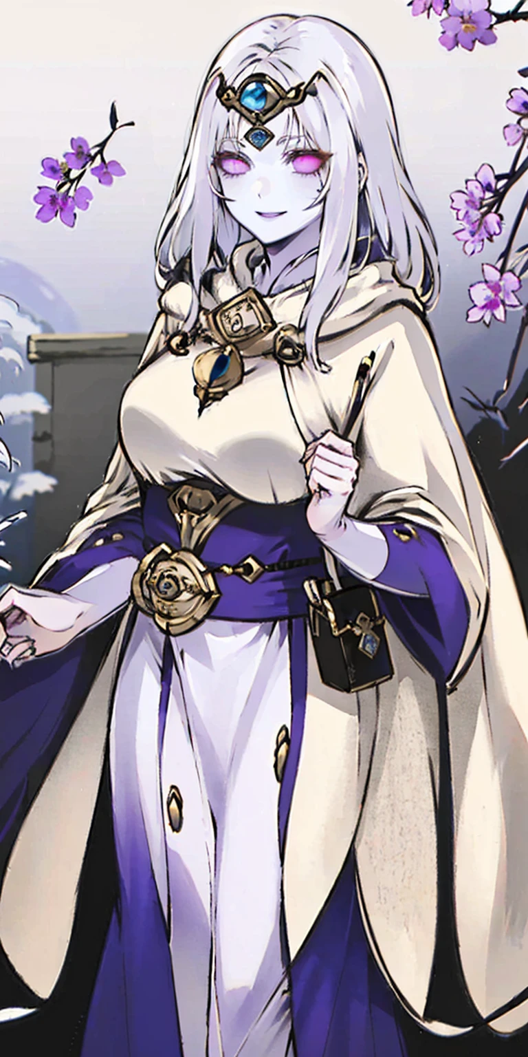 (Female chest covered)(smile) Gray skin, pale golden hair and violet eyes. She prefers clothing of white and silver with cloaks of deep blue or purple, village background, huge_knockers ((very precise detailed)) ((highres)