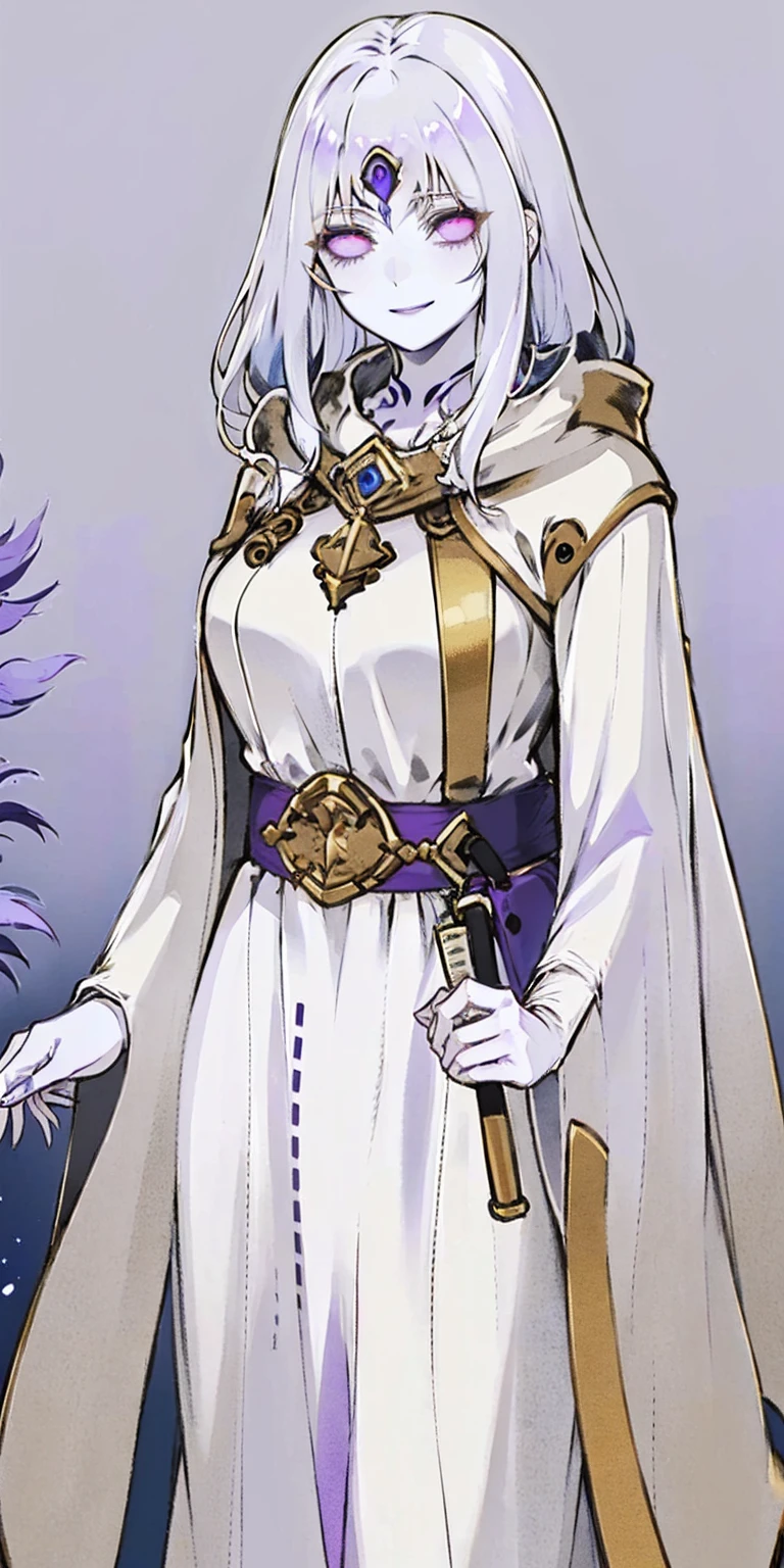 (Female chest covered)(smile) Gray skin, pale golden hair and violet eyes. She prefers clothing of white and silver with cloaks of deep blue or purple, village background, huge_knockers ((very precise detailed)) ((highres)